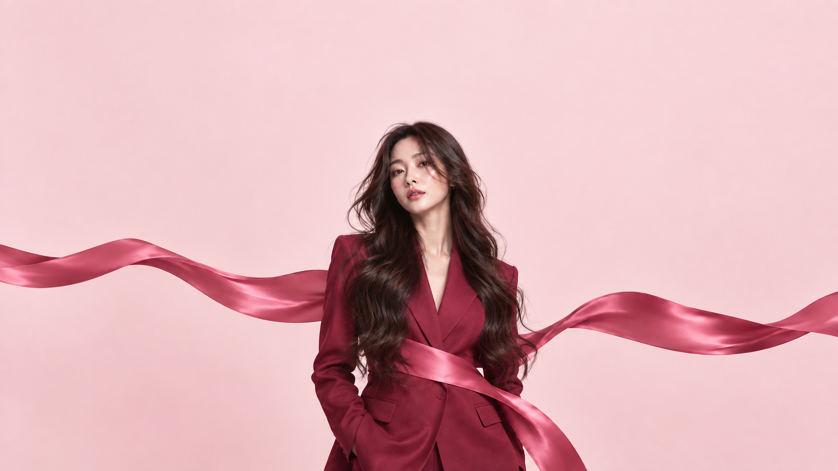 Fashion campaign portrait with long dark waves and a flowing satin pink ribbon