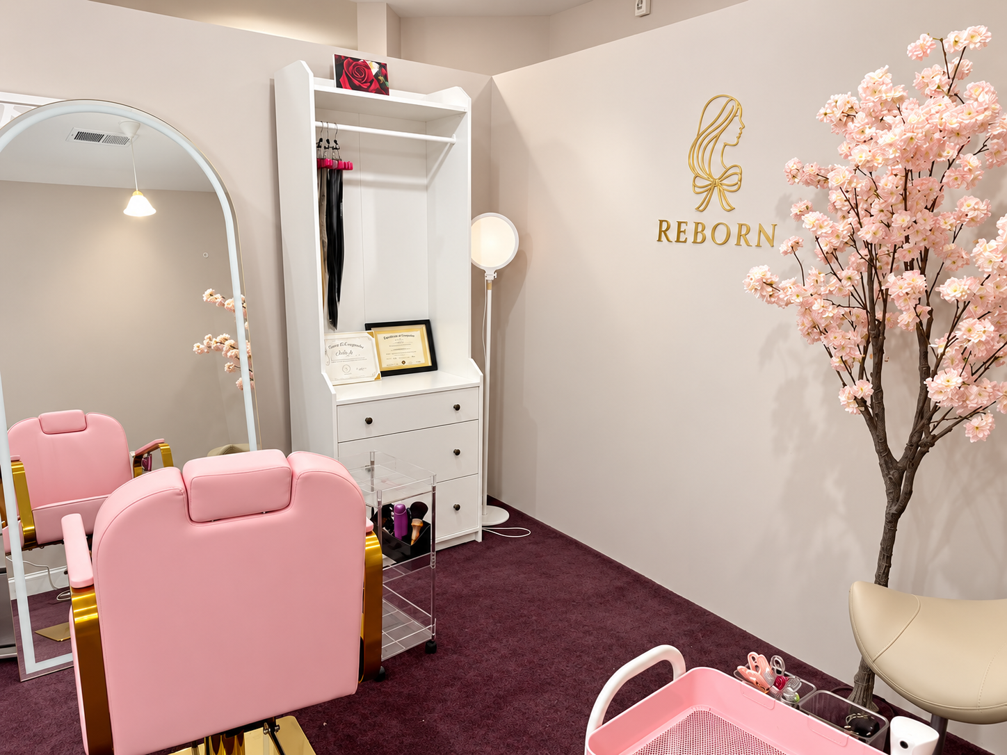 Reborn Extension salon interior with pink styling chair